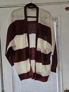 Love + Change Maroon and Cream Striped Open-Front Cardigan